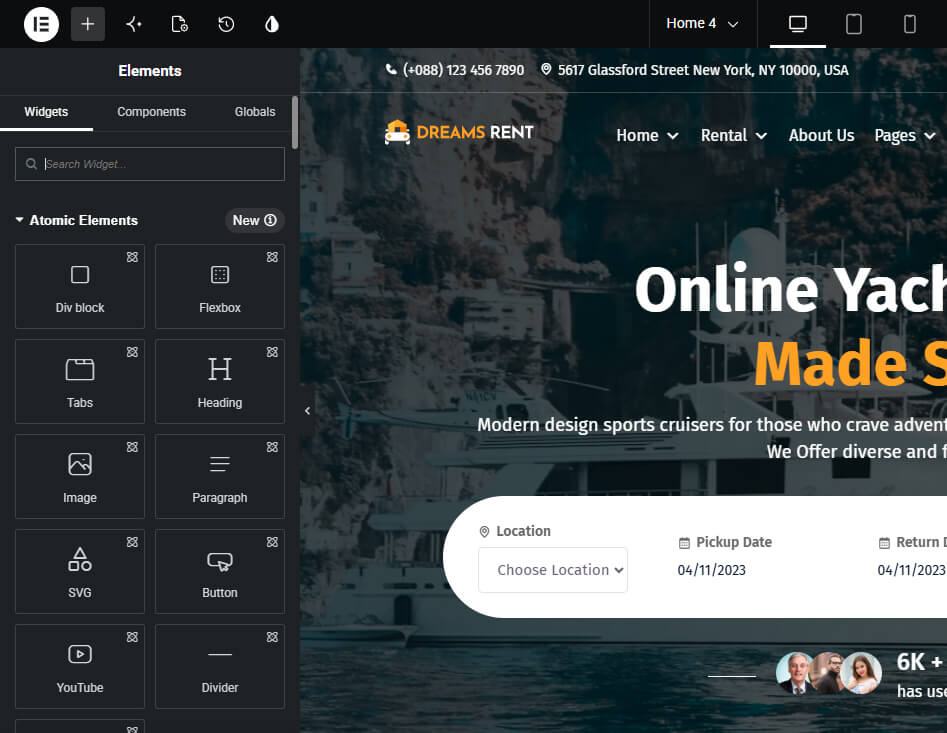 Editing the DreamsRent homepage in the Elementor builder